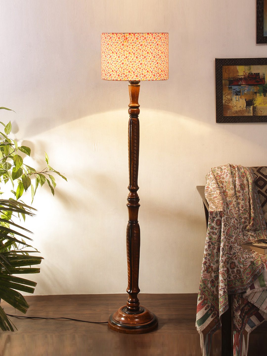 Ambika Home Elegant Premium Multi Cotton Solid Wood Floor Lamp for Modern Living Room | Handcrafted Wood Floor Lamp with Multi Cotton Shade for Living Room, Bedroom & Home Decor - Image 2