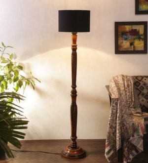 Ambika Home Luxury Handcrafted Black Cotton Wooden Floor Lamp for Living Room & Reading Corner | Handcrafted Wood Floor Lamp with Black Cotton Shade for Living Room, Bedroom & Home Decor