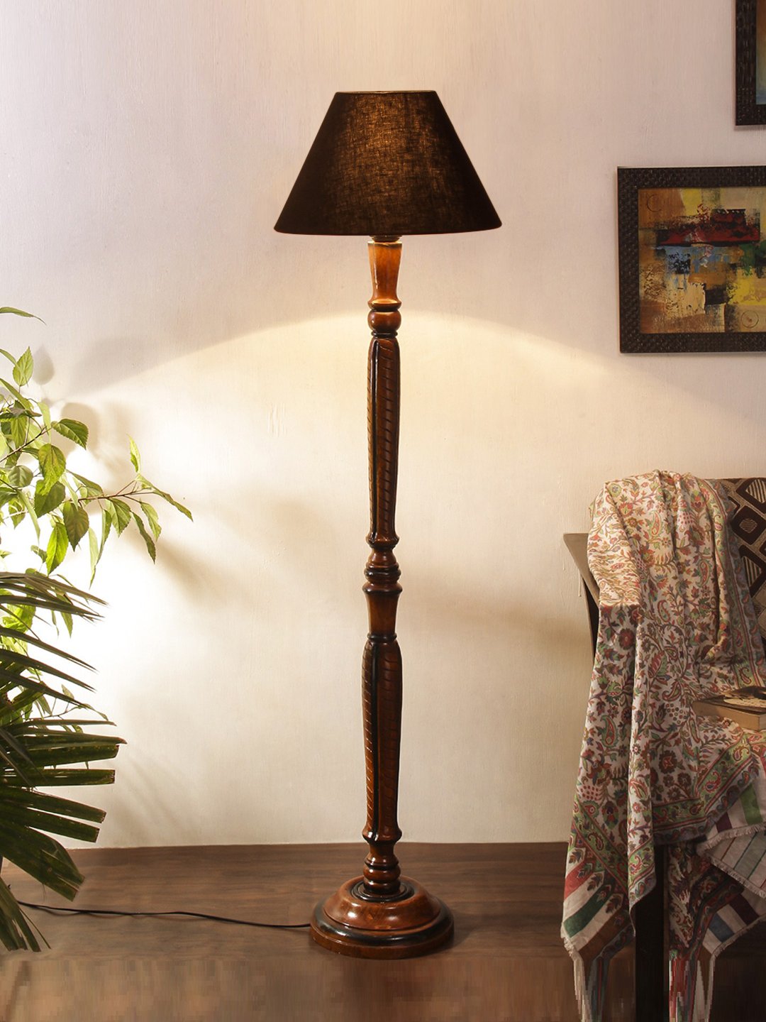 Ambika Home Conical Luxury Handcrafted Black Cotton Wooden Floor Lamp for Living Room & Reading Corner | Handcrafted Wood Floor Lamp with Black Cotton Shade for Living Room, Bedroom & Home Decor - Image 2
