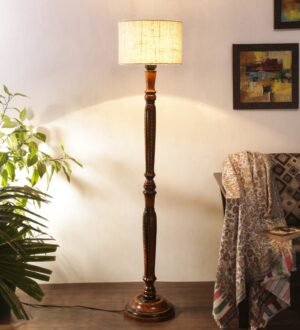 Ambika Home Premium White Jute Solid Wood Floor Lamp for Living Room | Handcrafted Wood Floor Lamp with White Jute Shade for Living Room, Bedroom & Home Decor