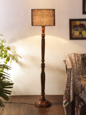 Ambika Home Premium Solid Wood Blue Jute Floor Lamp for Elegant Living Room & Bedroom | Handcrafted Wood Floor Lamp with Blue Jute Shade for Living Room, Bedroom & Home Decor