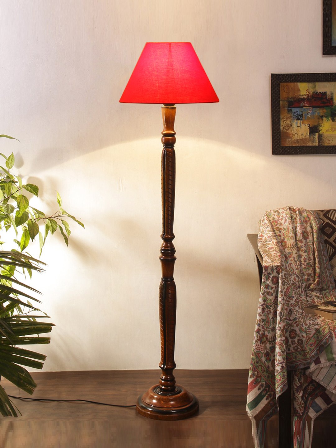 Ambika Home Conical Elegant Premium Red Cotton Solid Wood Floor Lamp for Modern Living Room | Handcrafted Wood Floor Lamp with Red Cotton Shade for Living Room, Bedroom & Home Decor