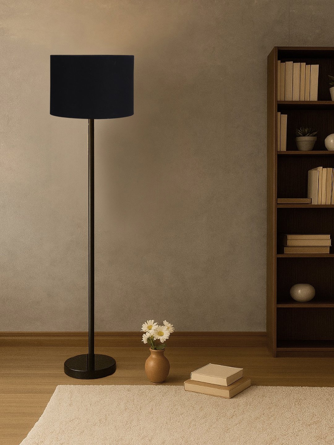 Ambika Home Black cotton Drum shade with floor lamp with wood base Decorative Floor Lamp for Living Room, Bedroom & Office