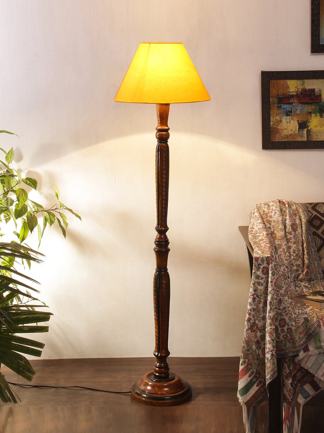 Ambika Home Conical Sophisticated Yellow Cotton Solid Wood Floor Lamp for Living Room & Lounge | Handcrafted Wood Floor Lamp with Yellow Cotton Shade for Living Room, Bedroom & Home Decor - Image 2