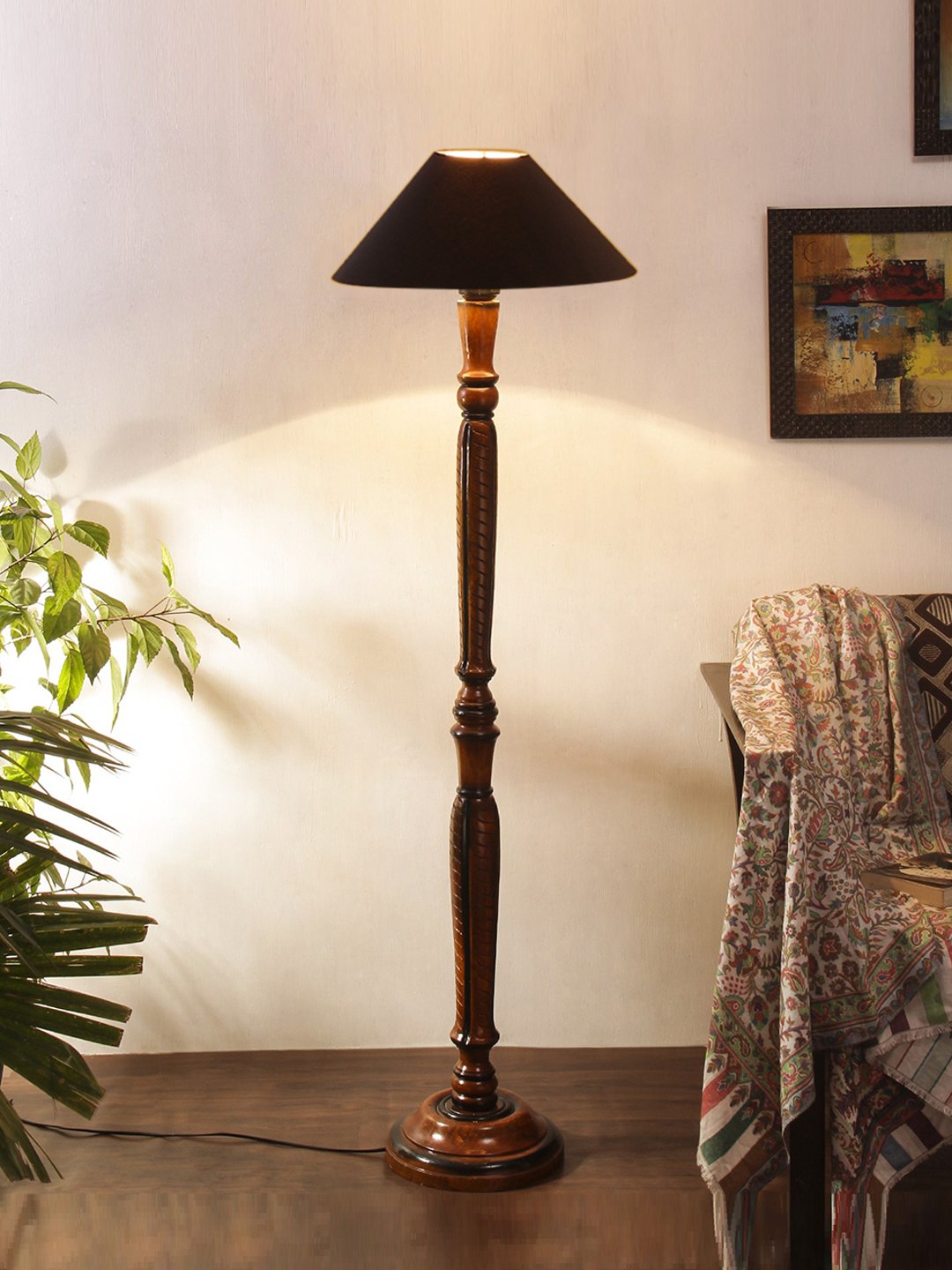 Ambika Home Premium Coolie Black Cotton Jute Designer Wooden Floor Lamp for Elegant Interiors | Handcrafted Wood Floor Lamp with Black cotton Shade for Living Room, Bedroom & Home Decor