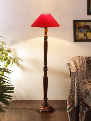 Ambika Home Premium Coolie Red cotton Designer Wooden Floor Lamp for Elegant Interiors | Handcrafted Wood Floor Lamp with Black cotton Shade for Living Room, Bedroom & Home Decor