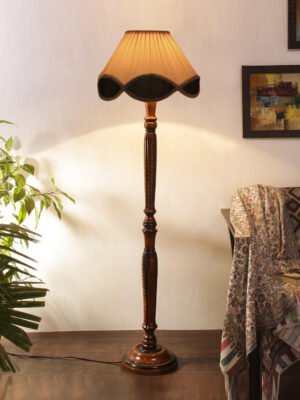Ambika Home Soft Glow Off-white Vintage Cotton Premium Wood Floor Lamp for Bedroom & Living Room | Handcrafted Wood Floor Lamp with Multi Cotton Shade for Living Room, Bedroom & Home Decor