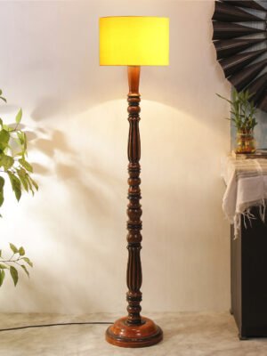 Ambika Home Sophisticated Yellow Cotton Solid Wood Floor Lamp for Living Room & Lounge | Handcrafted Wood Floor Lamp with Yellow Cotton Shade for Living Room, Bedroom & Home Decor