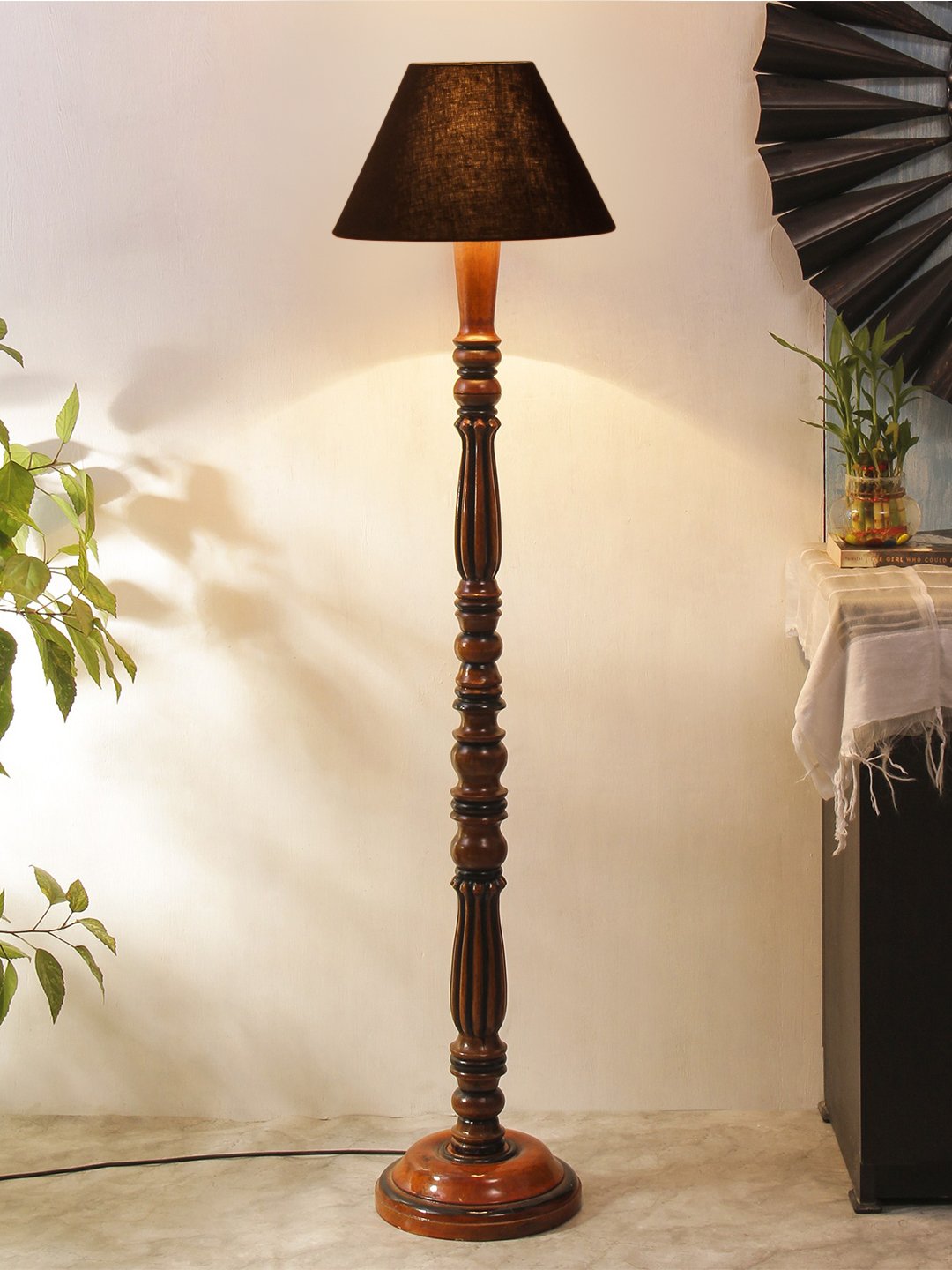 Ambika Home Conical Luxury Handcrafted Black Cotton Wooden Floor Lamp for Living Room & Reading Corner | Handcrafted Wood Floor Lamp with Black Cotton Shade for Living Room, Bedroom & Home Decor