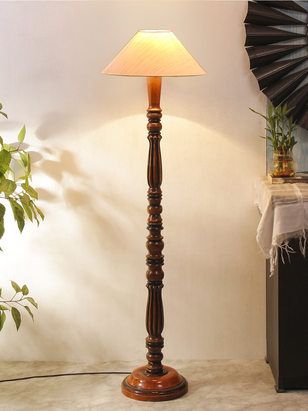 Ambika Home Premium Coolie off-white Cotton Designer Wooden Floor Lamp for Elegant Interiors | Handcrafted Wood Floor Lamp with Black cotton Shade for Living Room, Bedroom & Home Decor