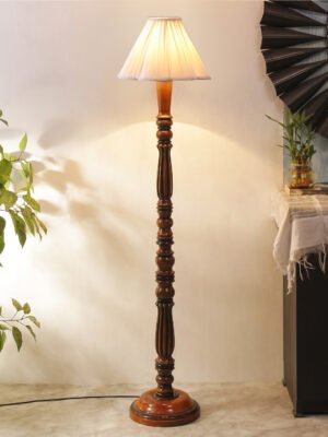 Ambika Home Premium Solid Wood Vintage Pleated off-white Floor Lamp for Elegant Living Room & Bedroom | Handcrafted Wood Floor Lamp with Off-white Cotton Shade for Living Room, Bedroom & Home Decor