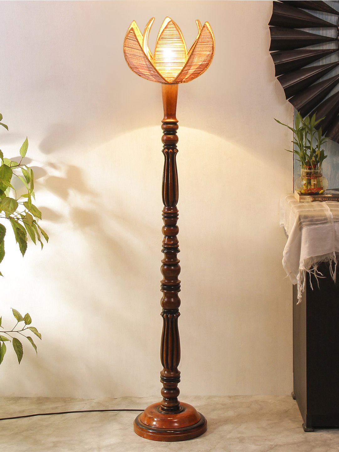 Ambika Home Luxury Cross Rose Bamaboo Handcrafted Wooden Floor Lamp for Home Décor | Handcrafted Wood Floor Lamp with Beige Bamboo Shade for Living Room, Bedroom & Home Decor