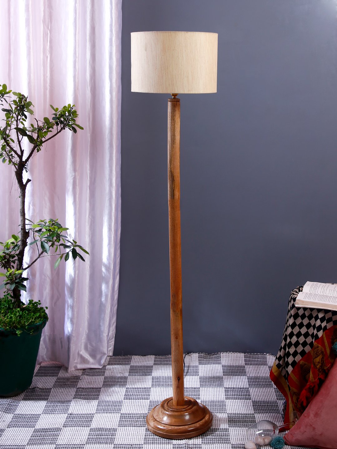 Ambika Home Off-white Shade Wooden Floor Lamp for Living Room, Bedroom & Hallway | Premium Wood Standing Lamp | E27 Holder Included Bulb - Image 2