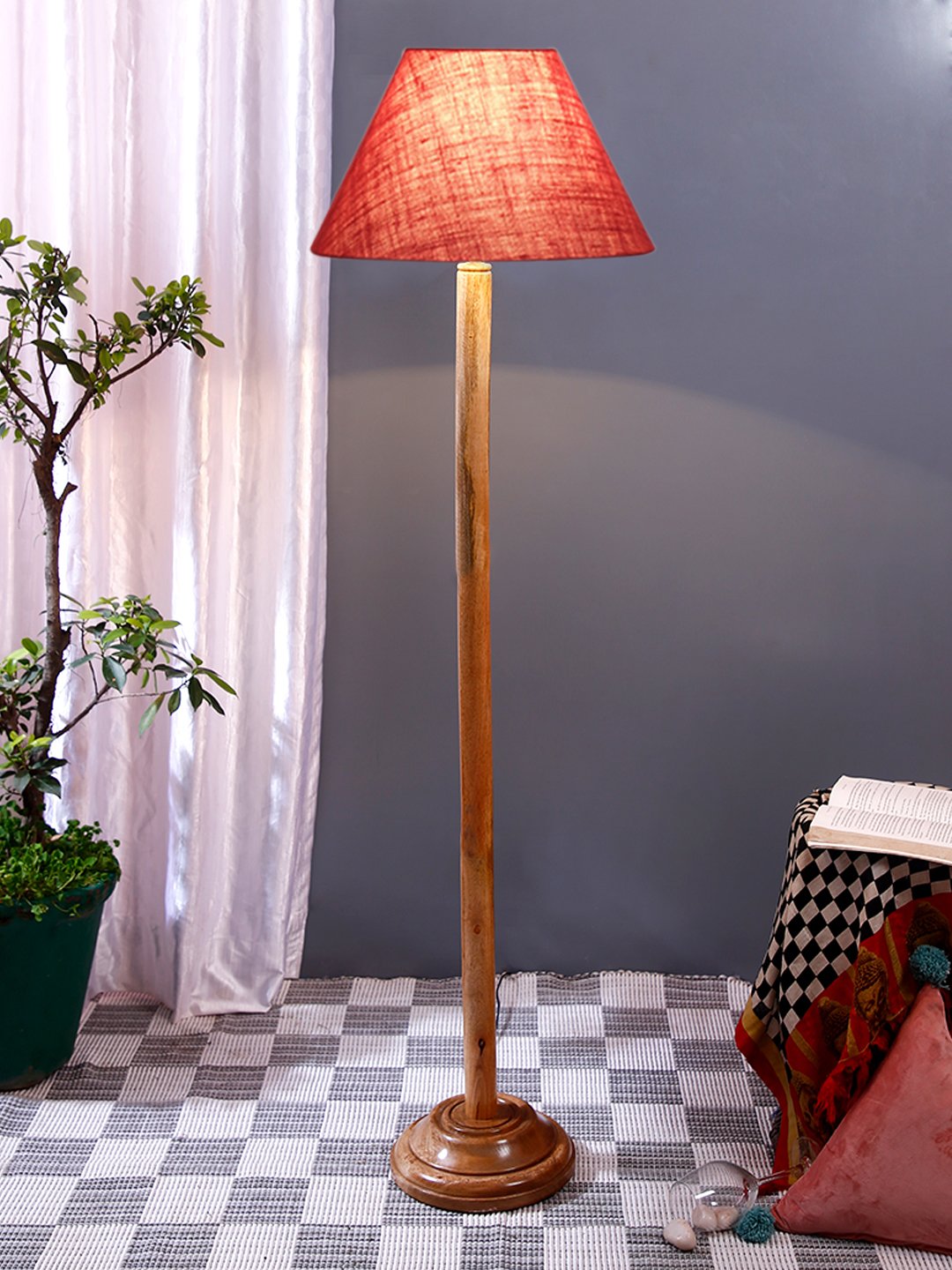 Ambika Home Pink Shade Wooden Floor Lamp for Living Room, Bedroom & Hallway | Premium Wood Standing Lamp | E27 Holder Included Bulb