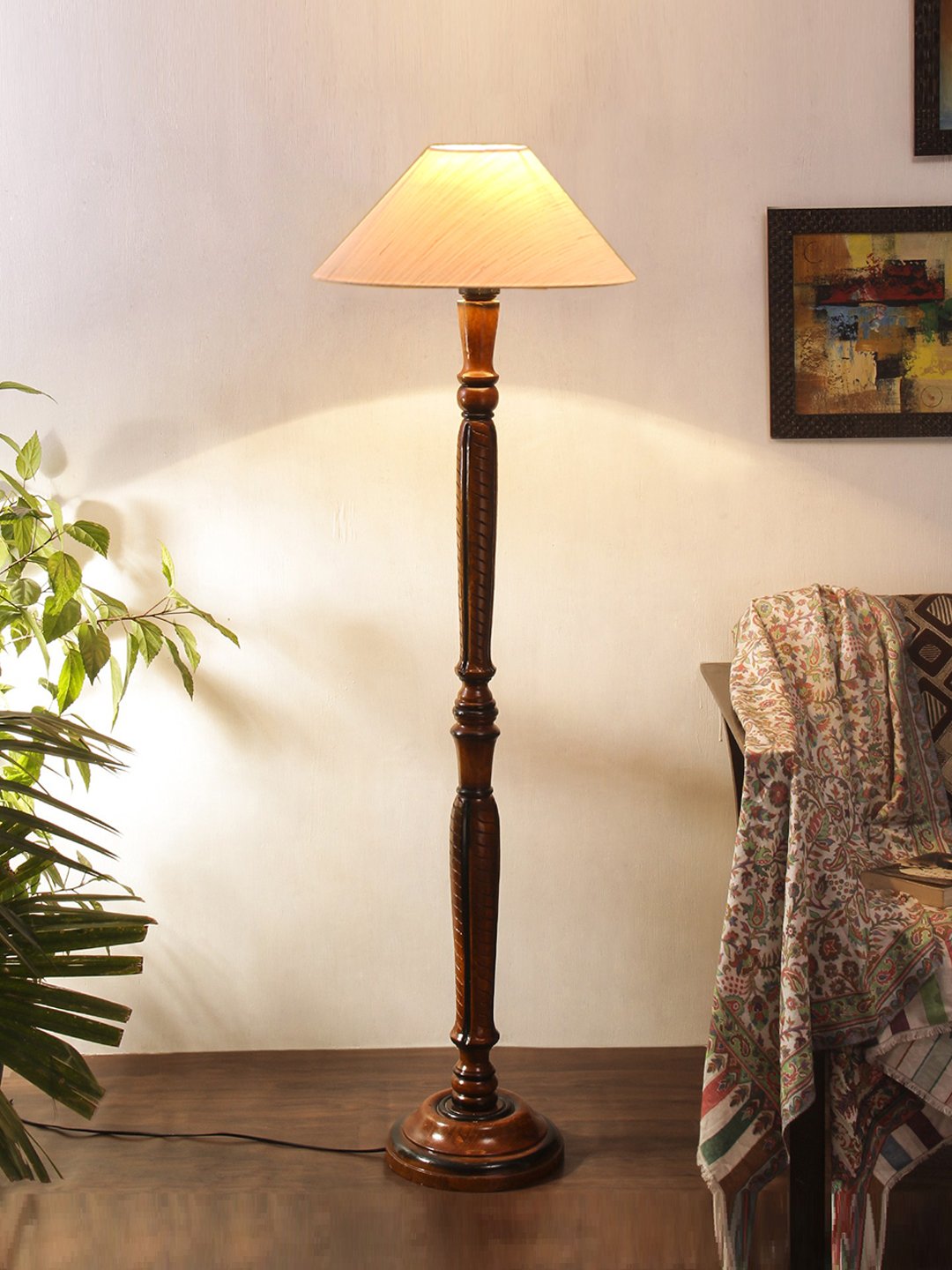 Ambika Home Premium Coolie off-white Cotton Designer Wooden Floor Lamp for Elegant Interiors | Handcrafted Wood Floor Lamp with Black cotton Shade for Living Room, Bedroom & Home Decor - Image 2