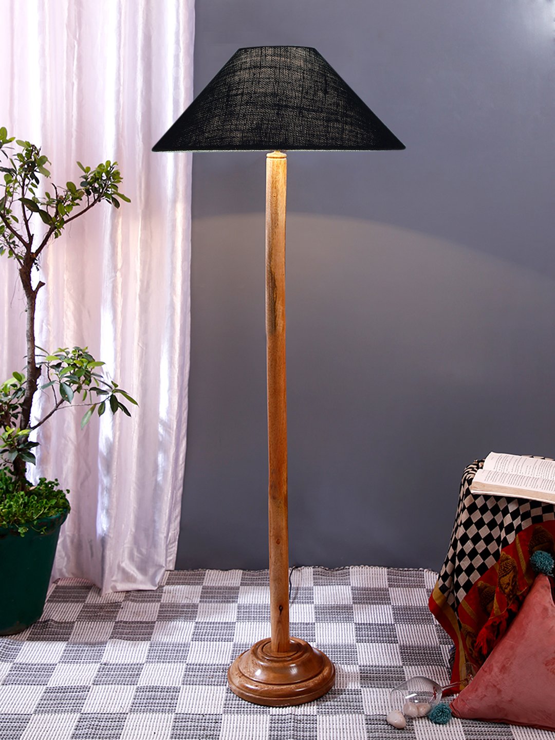 Ambika Home Blue Shade Wooden Floor Lamp for Living Room, Bedroom & Hallway | Premium Wood Standing Lamp | E27 Holder Included Bulb