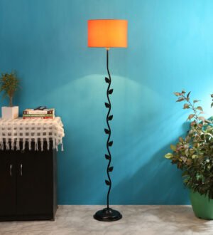 Ambika Home Iron Leaf Floor Lamp with Orange Drum Shade, Powder Coated Metal Standing Lamp for Hotel Lobby, Living Room & Luxury Interiors
