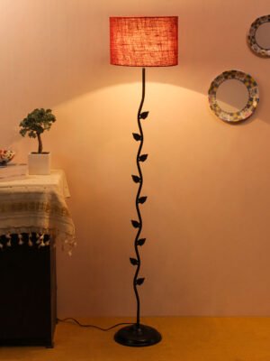 Ambika Home Iron Leaf Floor Lamp with Maroon Jute Drum Shade, Powder Coated Metal Standing Lamp for Living Room, Hallway & Luxury Interiors