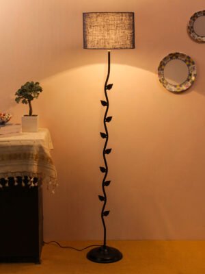 Ambika Home Iron Leaf Floor Lamp with Blue Jute Drum Shade, Powder Coated Metal Standing Lamp for Reading Corner, Bedroom & Luxury Interiors