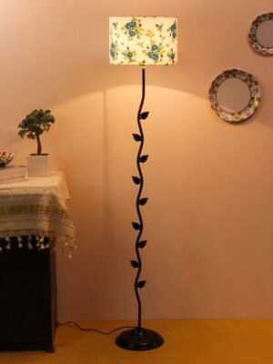 Ambika Home Iron Leaf Floor Lamp with Printed Cotton Drum Shade, Powder Coated Metal Standing Lamp for Bedroom, Guest Room & Luxury Interiors