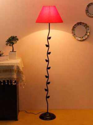 Ambika Home Iron Leaf Floor Lamp with Red Conical Shade, Powder Coated Metal Standing Lamp for Living Room, Hallway & Luxury Interiors