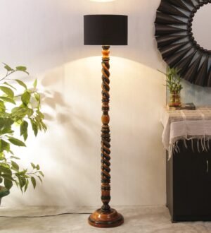 Ambika Home Crimson Heritage Black Shade Wooden Floor Lamp for Living Room, Bedroom, Hallway, Guest Room & Hotel Decor | Handcrafted Standing Lamp with E27 Holder