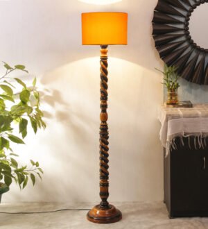 Ambika Home Maharaja Heritage Yellow Shade Wooden Floor Lamp for Living Room, Bedroom, Hallway, Guest Room & Hotel Decor | Handcrafted Standing Lamp with E27 Holder