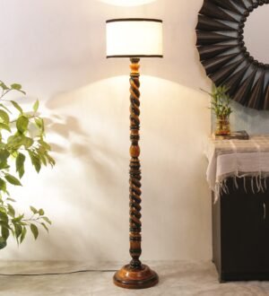 Ambika Home Vintage Barley Grey Shade Wooden Floor Lamp for Living Room, Bedroom, Hallway, Guest Room & Hotel Decor | Handcrafted Standing Lamp with E27 Holder