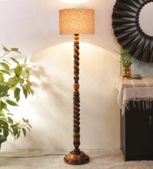 Ambika Home Royal Crest Designer Shade Wooden Floor Lamp for Living Room, Bedroom, Hallway, Guest Room & Hotel Decor | Handcrafted Standing Lamp with E27 Holder