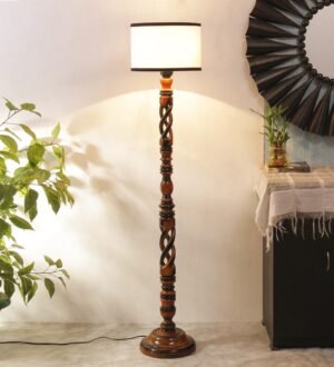 Ambika Home Heritage Manor Black Shade Wooden Floor Lamp for Living Room, Bedroom, Hallway, Guest Room & Hotel Decor | Handcrafted Standing Lamp with E27 Holder