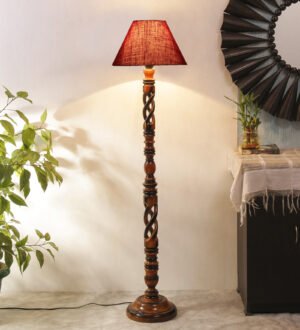Ambika Home Elegant Empire Maroon Shade Wooden Floor Lamp for Living Room, Bedroom, Hallway, Guest Room & Hotel Decor | Handcrafted Standing Lamp with E27 Holder