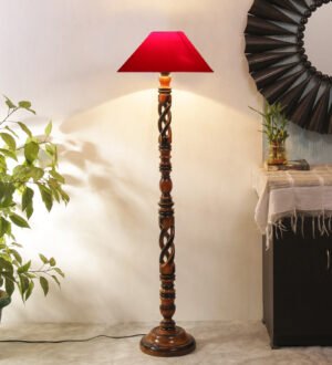 Ambika Home Heritage Elite Red Shade Wooden Floor Lamp for Living Room, Bedroom, Hallway, Guest Room & Hotel Decor | Handcrafted Standing Lamp with E27 Holder