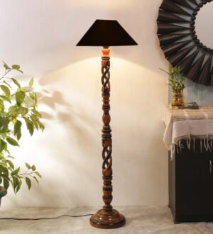 Ambika Home Rustic Regal Black Shade Wooden Floor Lamp for Living Room, Bedroom, Hallway, Guest Room & Hotel Decor | Handcrafted Standing Lamp with E27 Holder