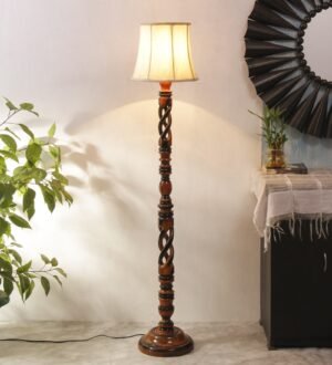 Ambika Home Royal Crest White Shade Wooden Floor Lamp for Living Room, Bedroom, Hallway, Guest Room & Hotel Decor | Handcrafted Standing Lamp with E27 Holder