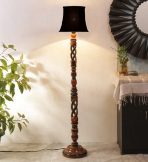 Ambika Home Grand Dynasty Black Shade Wooden Floor Lamp for Living Room, Bedroom, Hallway, Guest Room & Hotel Decor | Handcrafted Standing Lamp with E27 Holder