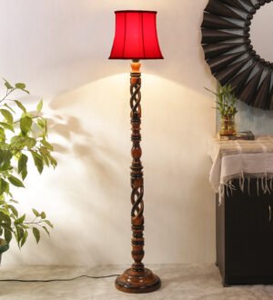 Ambika Home Heritage Manor Red Shade Wooden Floor Lamp for Living Room, Bedroom, Hallway, Guest Room & Hotel Decor | Handcrafted Standing Lamp with E27 Holder