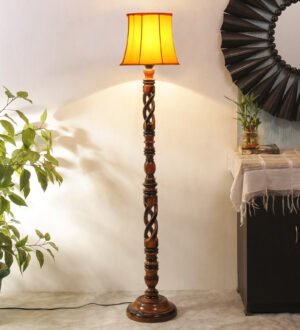 Ambika Home Elegant Empire Yellow Shade Wooden Floor Lamp for Living Room, Bedroom, Hallway, Guest Room & Hotel Decor | Handcrafted Standing Lamp with E27 Holder