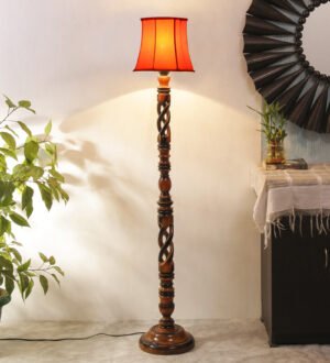 Ambika Home Royal Twist Orange Shade Wooden Floor Lamp for Living Room, Bedroom, Hallway, Guest Room & Hotel Decor | Handcrafted Standing Lamp with E27 Holder