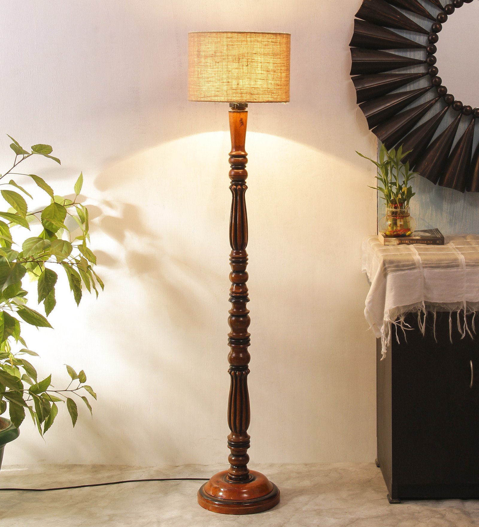 Ambika Home Luxury Beige Jute Handcrafted Wooden Floor Lamp for Home Décor | Handcrafted Wood Floor Lamp with Beige Jute Shade for Living Room, Bedroom & Home Decor - Image 2