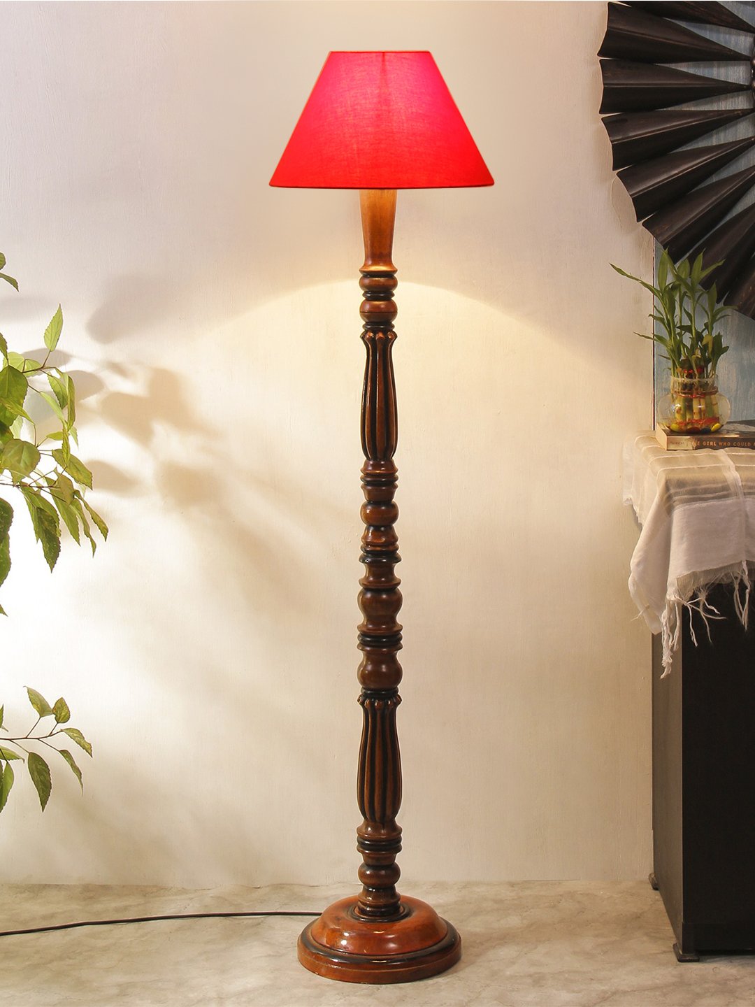 Ambika Home Conical Elegant Premium Red Cotton Solid Wood Floor Lamp for Modern Living Room | Handcrafted Wood Floor Lamp with Red Cotton Shade for Living Room, Bedroom & Home Decor - Image 2