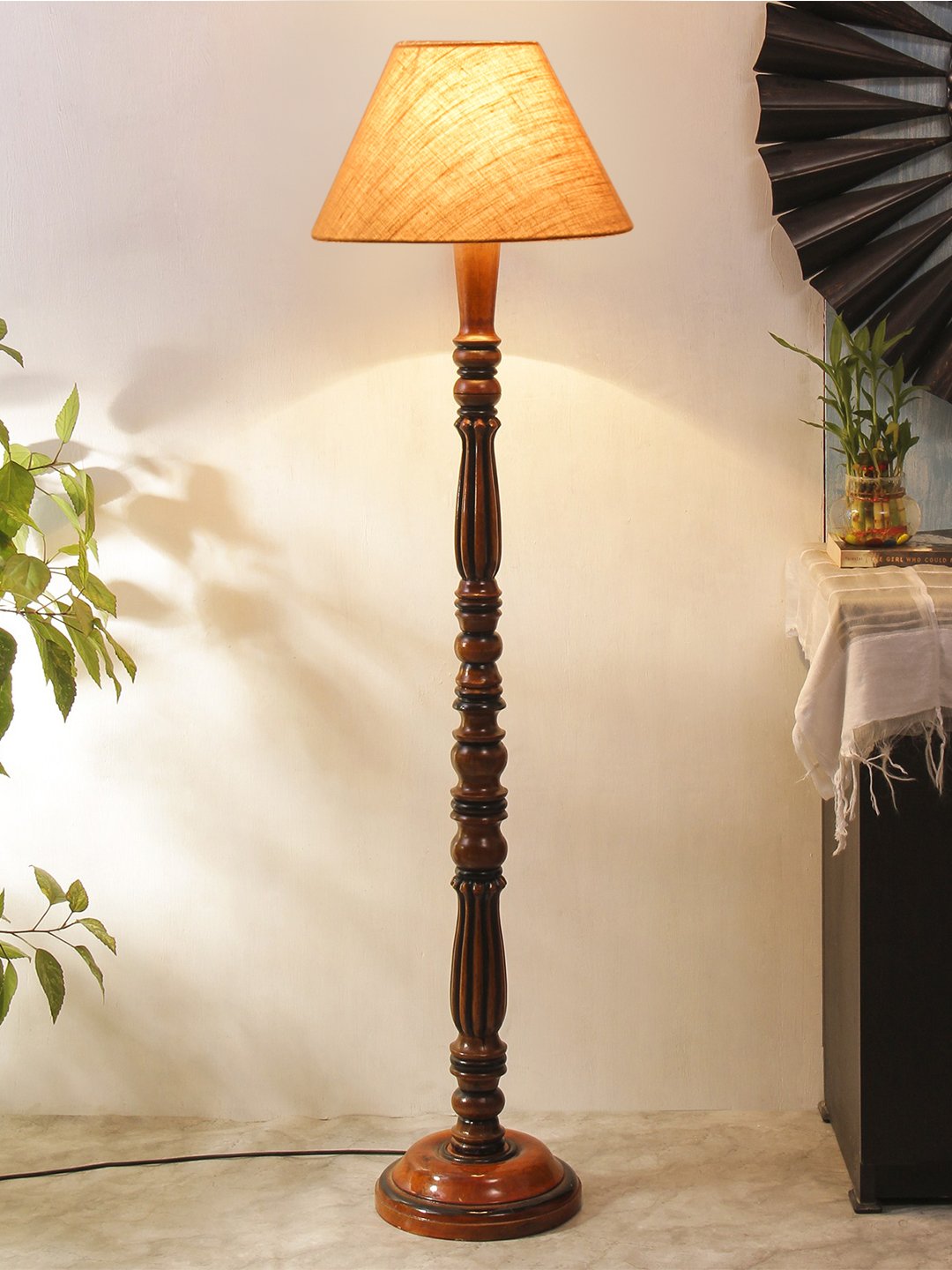 Ambika Home Conical Luxury Beige Jute Handcrafted Wooden Floor Lamp for Home Décor | Handcrafted Wood Floor Lamp with Beige Jute Shade for Living Room, Bedroom & Home Decor - Image 2