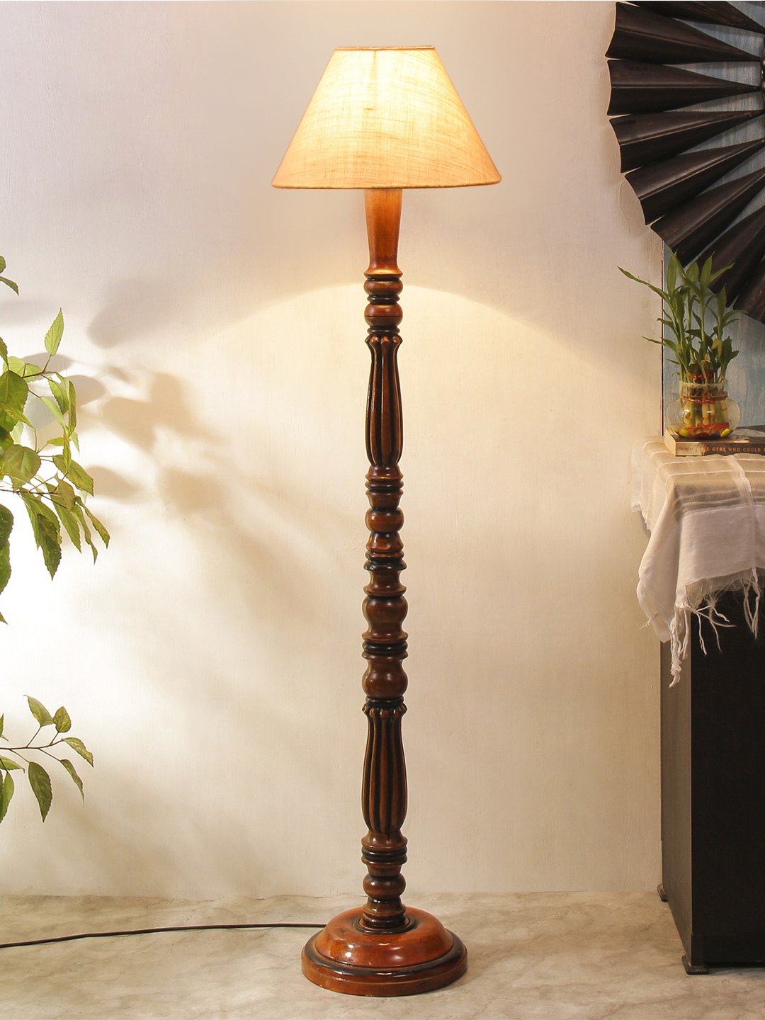 Ambika Home Conical Premium White Jute Solid Wood Floor Lamp for Living Room | Handcrafted Wood Floor Lamp with White Jute Shade for Living Room, Bedroom & Home Decor - Image 2