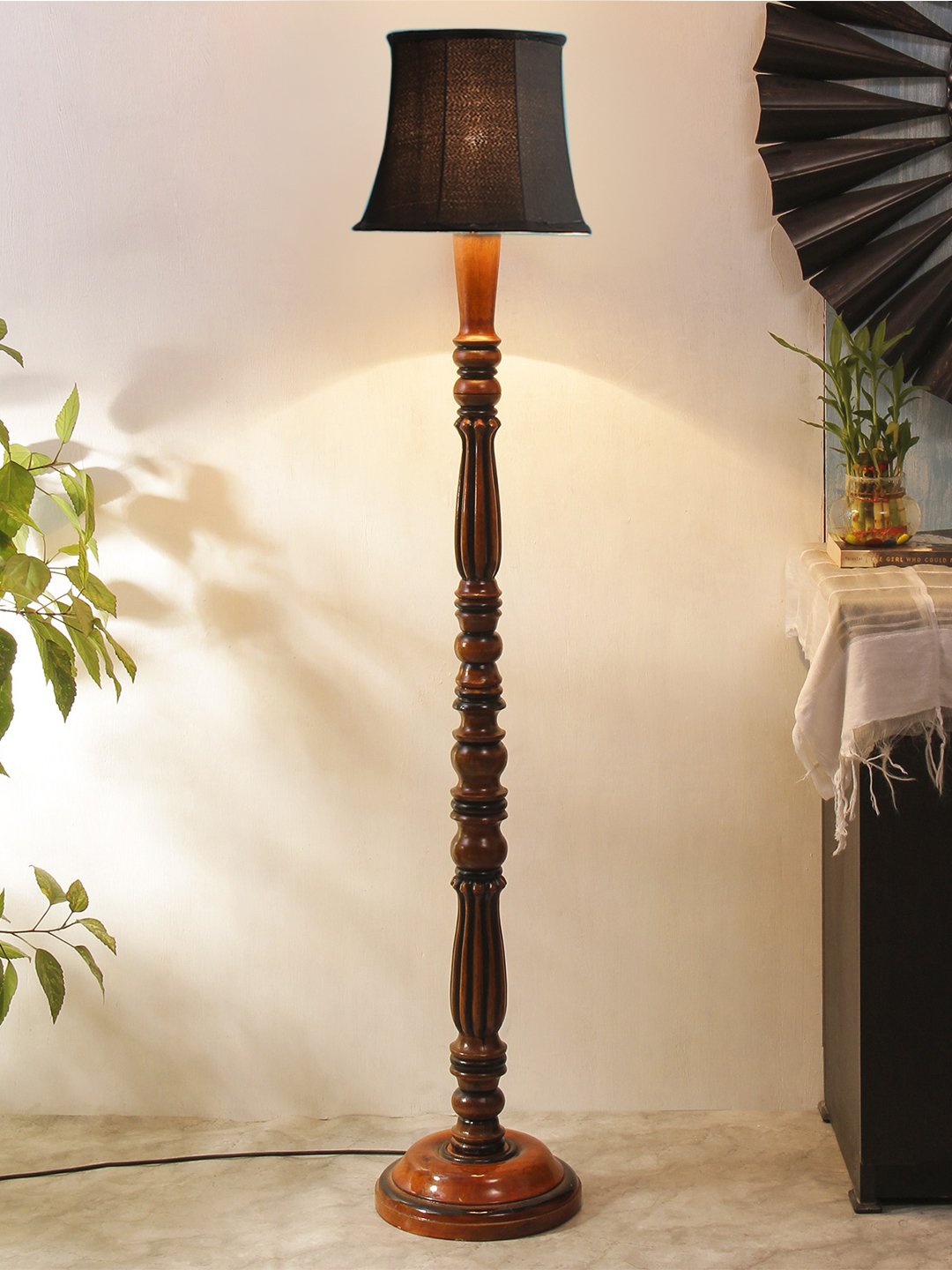 Ambika Home Premium Solid Wood Cylindrical Black Cotton Floor Lamp for Elegant Living Room & Bedroom | Handcrafted Wood Floor Lamp with Off-white Cotton Shade for Living Room, Bedroom & Home Decor - Image 2