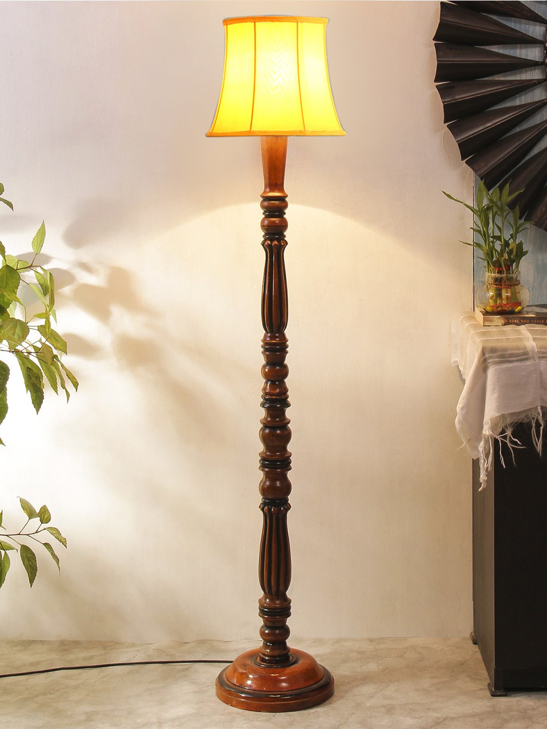 Ambika Home Premium Solid Wood Cylindrical Yellow Cotton Floor Lamp for Elegant Living Room & Bedroom | Handcrafted Wood Floor Lamp with Off-white Cotton Shade for Living Room, Bedroom & Home Decor - Image 2