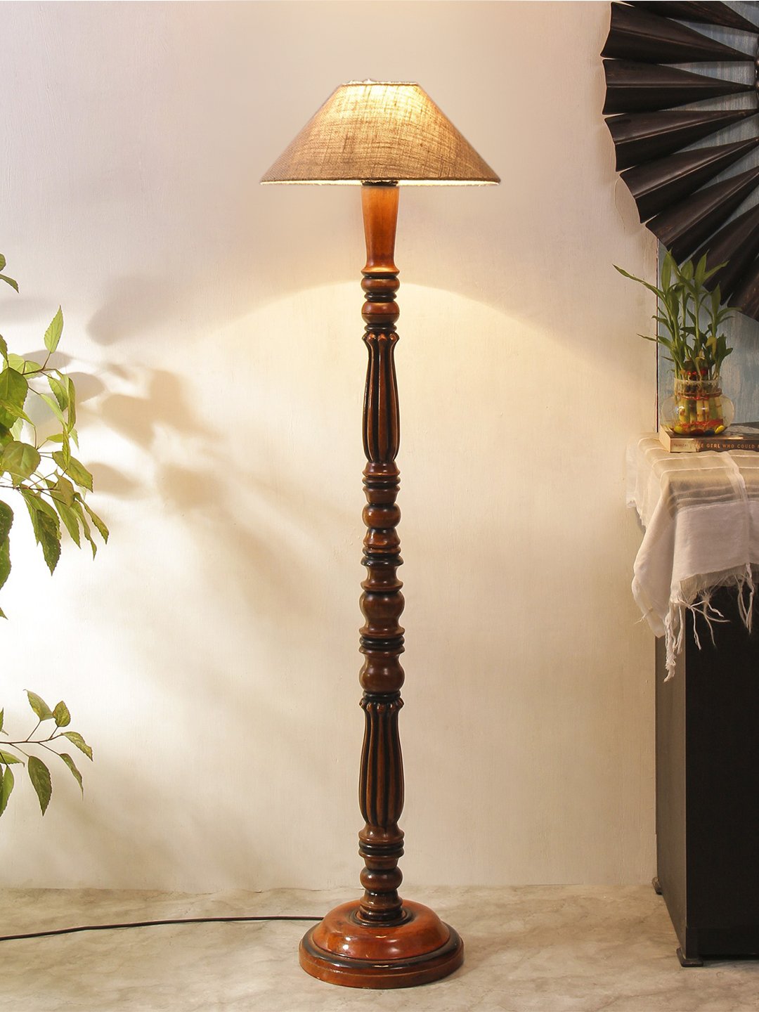 Ambika Home Premium Coolie off-white Cotton Designer Wooden Floor Lamp for Elegant Interiors | Handcrafted Wood Floor Lamp with Black cotton Shade for Living Room, Bedroom & Home Decor - Image 2