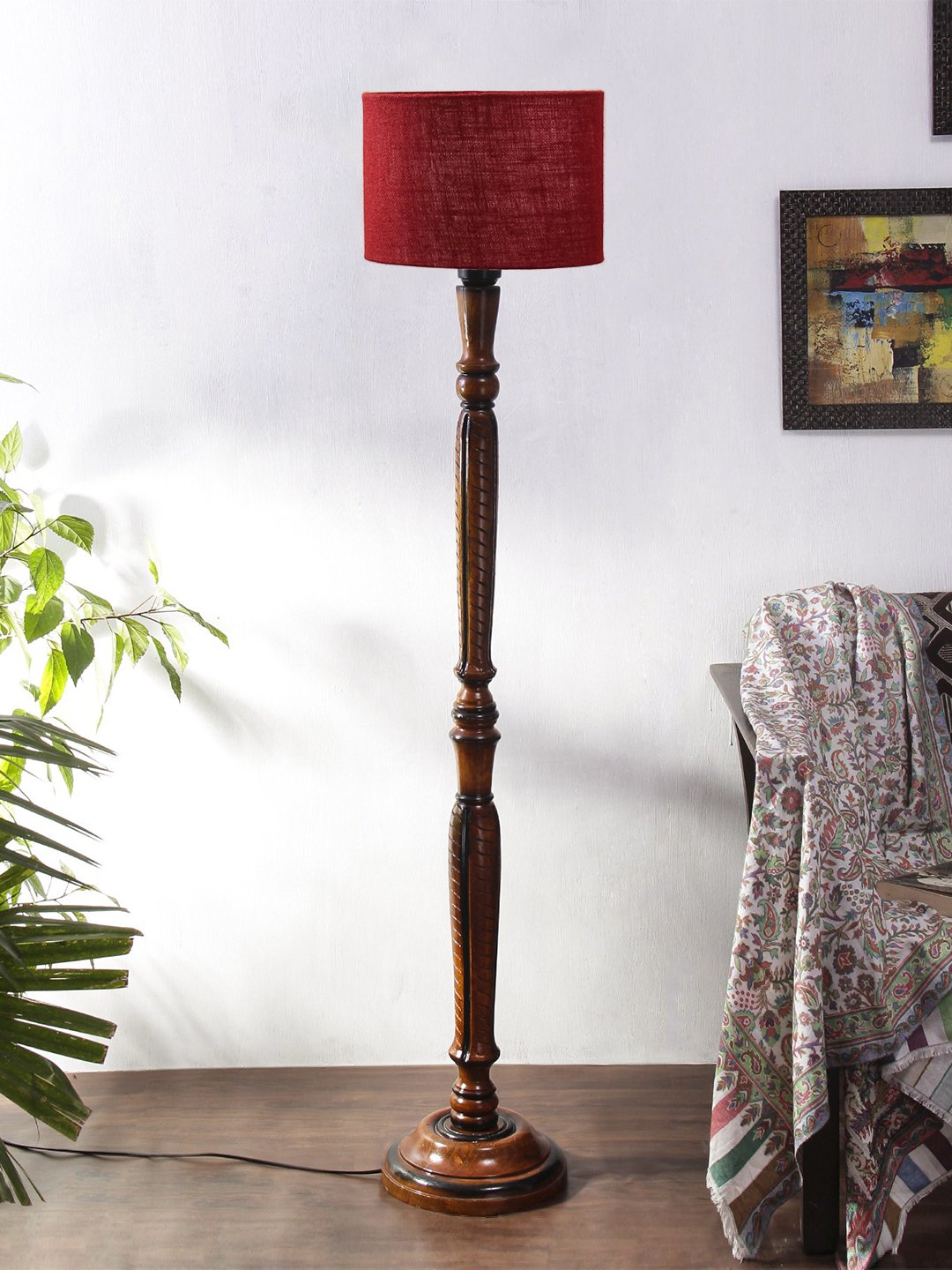 Ambika Home Luxury Handcrafted Maroon Jute Wooden Floor Lamp for Living Room & Reading Corner | Handcrafted Wood Floor Lamp with Maroon Jute Shade for Living Room, Bedroom & Home Decor - Image 4