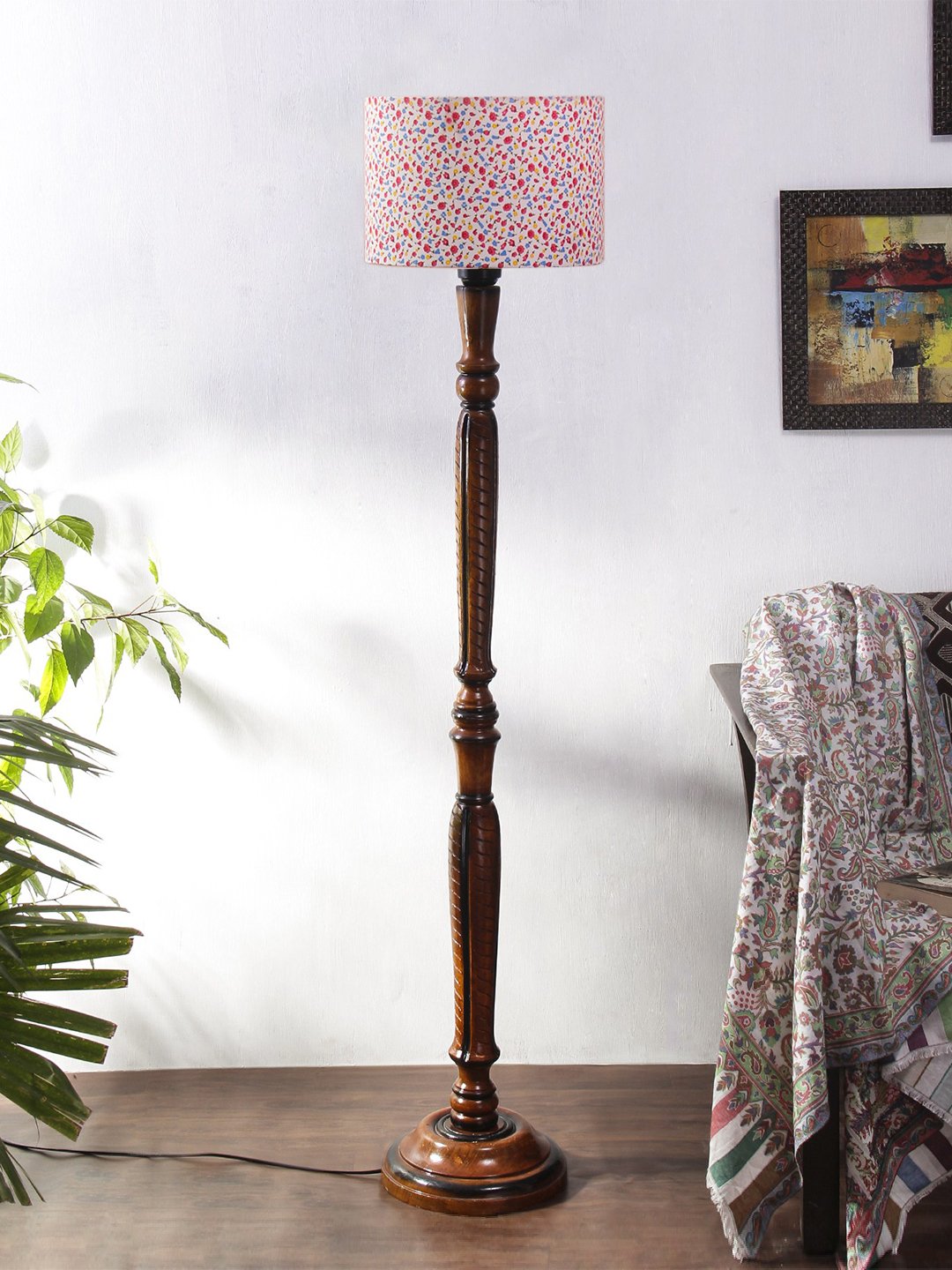 Ambika Home Elegant Premium Multi Cotton Solid Wood Floor Lamp for Modern Living Room | Handcrafted Wood Floor Lamp with Multi Cotton Shade for Living Room, Bedroom & Home Decor - Image 3