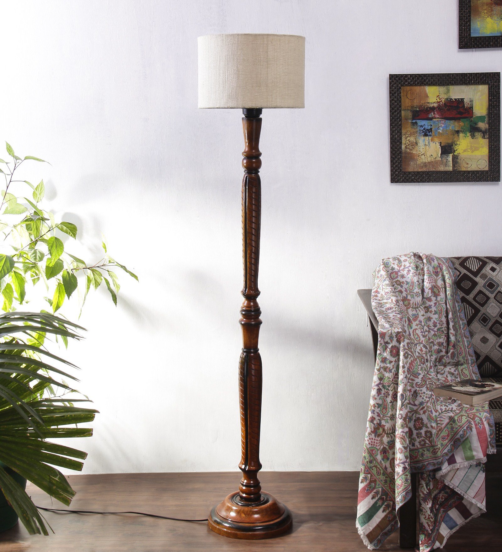 Ambika Home Premium White Jute Solid Wood Floor Lamp for Living Room | Handcrafted Wood Floor Lamp with White Jute Shade for Living Room, Bedroom & Home Decor - Image 2