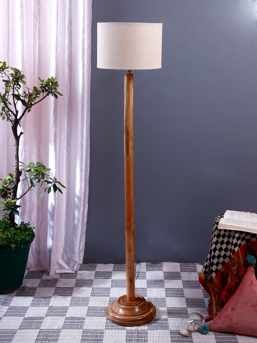 Ambika Home White Shade Wooden Floor Lamp for Living Room, Bedroom & Hallway | Premium Wood Standing Lamp | E27 Holder Included Bulb - Image 2