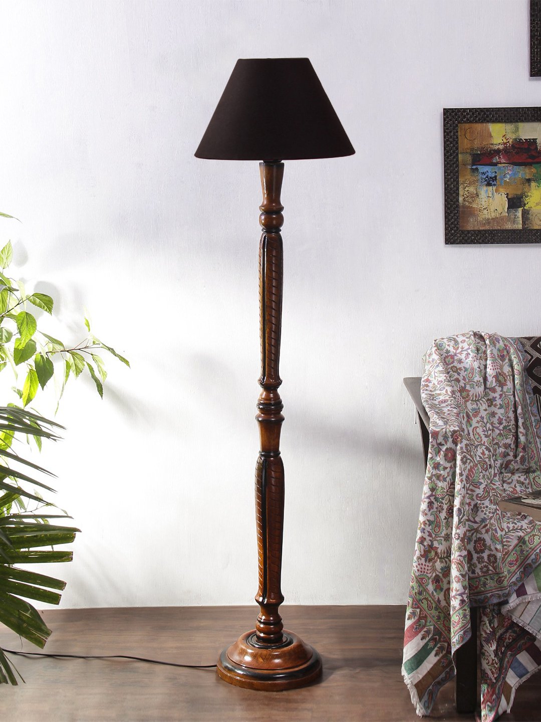 Ambika Home Conical Luxury Handcrafted Black Cotton Wooden Floor Lamp for Living Room & Reading Corner | Handcrafted Wood Floor Lamp with Black Cotton Shade for Living Room, Bedroom & Home Decor - Image 3